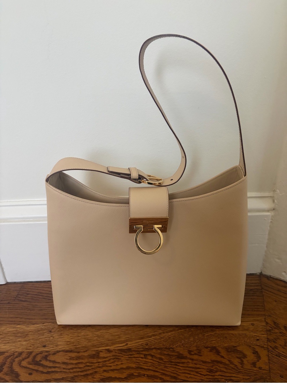Salvatore Ferragamo Nude Leather Shoulder Bag with Gold Ring Hardware